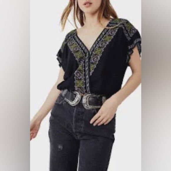 Free People Luca Embroidered Top XS Boho Cropped - Picture 1 of 10